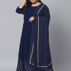 Stylum Women's Gold Printed Rayon Flared Kurta Dupatta Set (NavyTriangleKD)