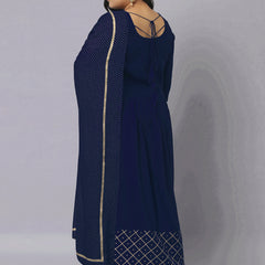 Stylum Women's Gold Printed Rayon Flared Kurta Dupatta Set (NavyTriangleKD)