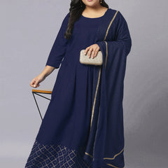 Stylum Women's Gold Printed Rayon Flared Kurta Dupatta Set (NavyTriangleKD)