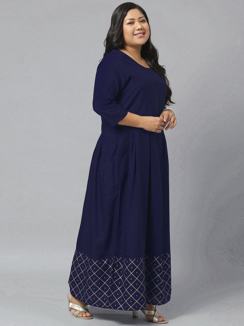 Stylum Women's Gold Printed Rayon Flared Kurta Dupatta Set (NavyTriangleKD)