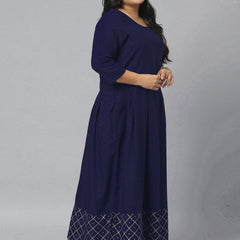Stylum Women's Gold Printed Rayon Flared Kurta Dupatta Set (NavyTriangleKD)