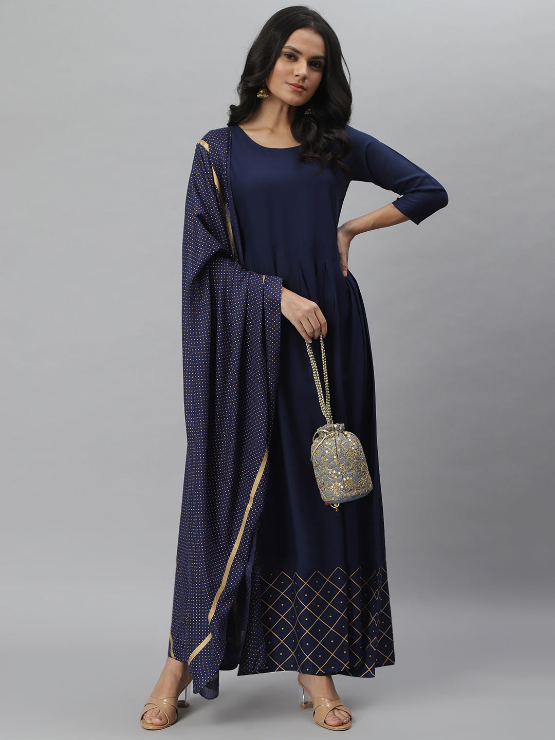 Navy Rayon Flared Kurta Dupatta Set