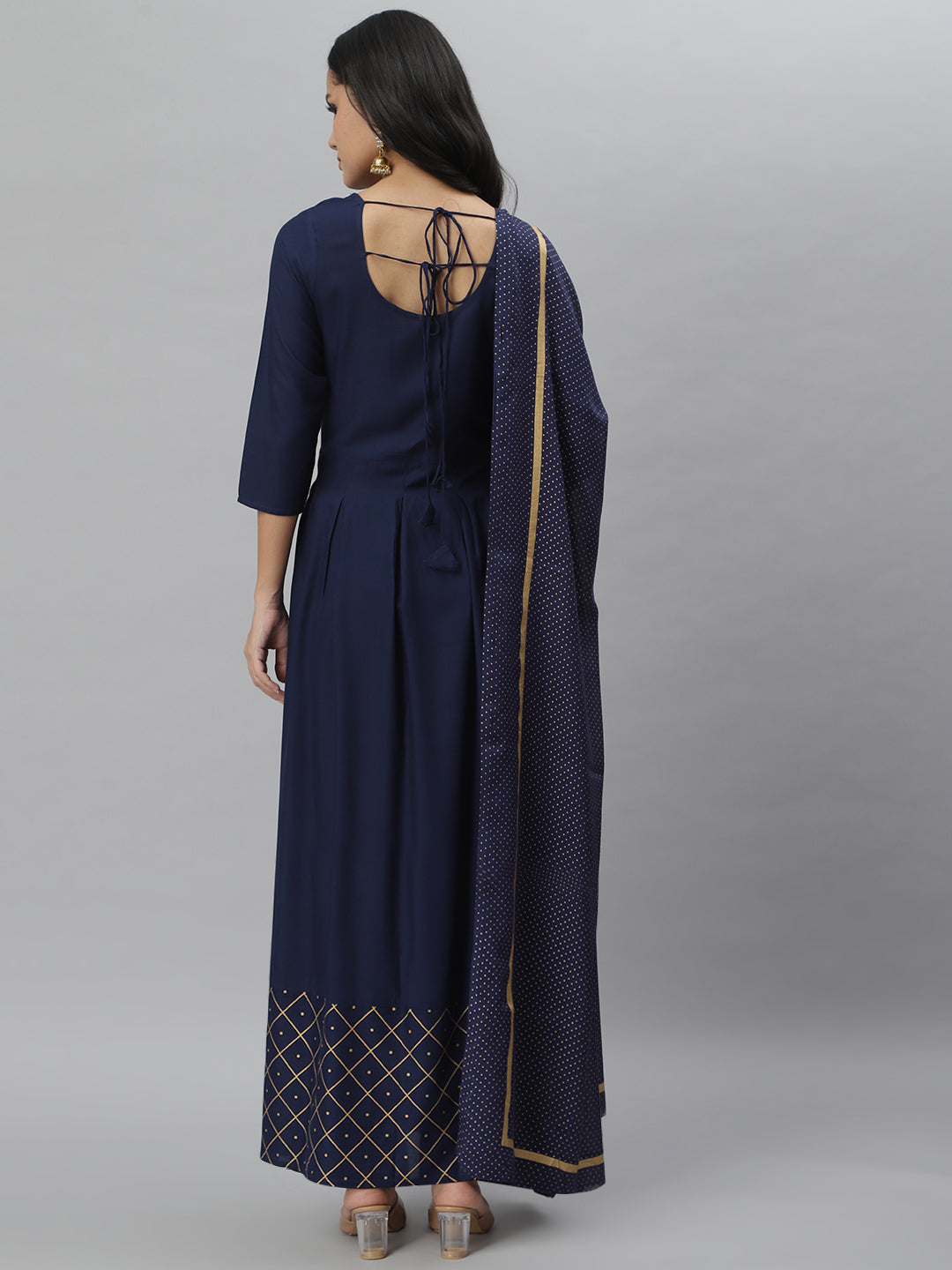 Stylum Women's Gold Print Rayon Flared Kurta Dupatta Set (Navytrianglekdset)