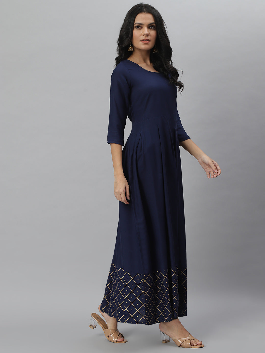 Stylum Women's Gold Print Rayon Flared Kurta Dupatta Set (Navytrianglekdset)