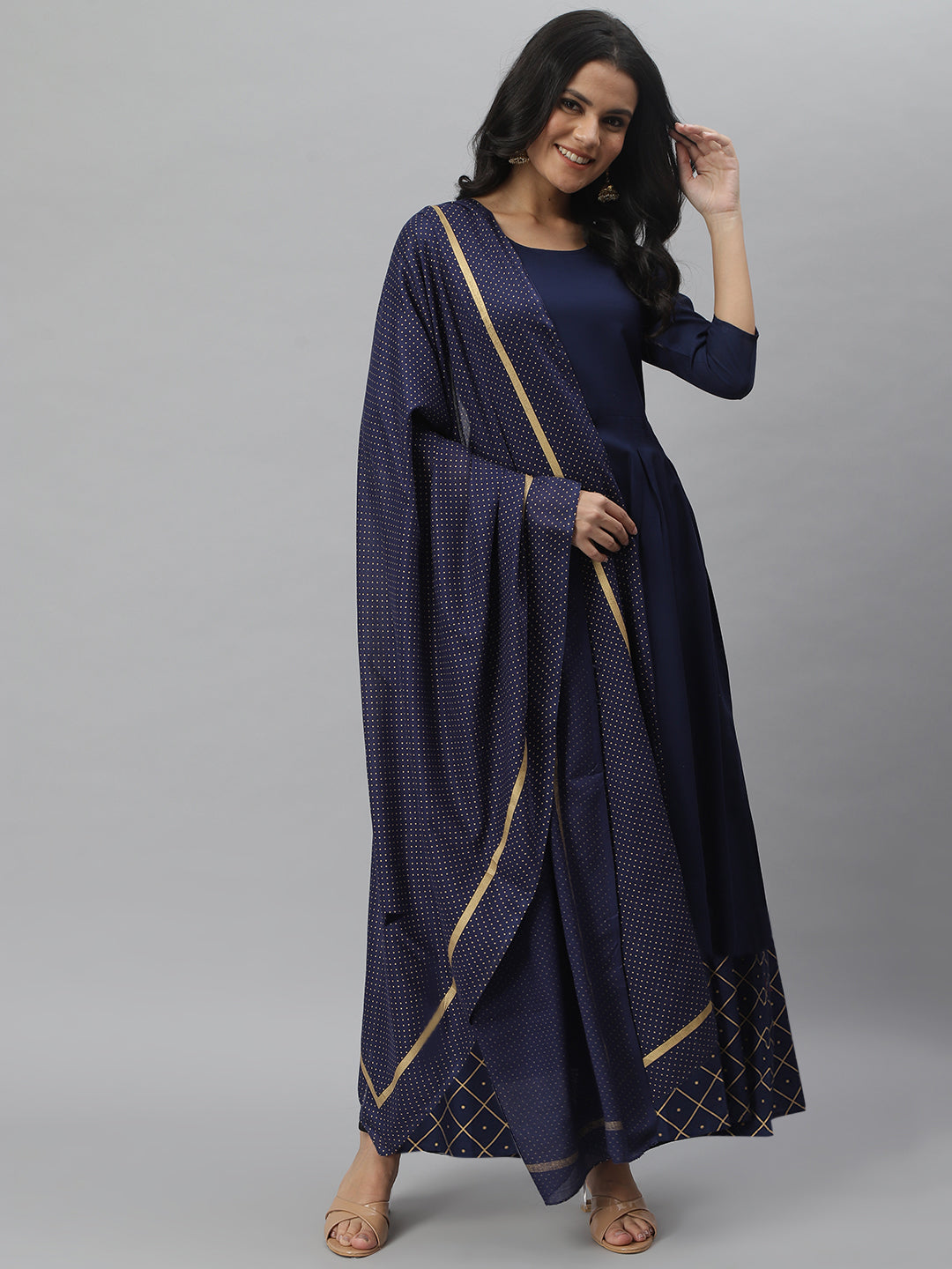 Navy Rayon Flared Kurta Dupatta Set