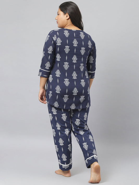 Stylum Women's Floral Print Cotton Plus Size Night Suit Set (NIST007)
