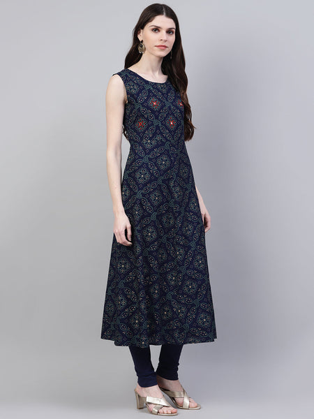Stylum Women's Printed Rayon Flared Kurta Dupatta Set (Nodebluekdset)
