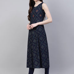 Stylum Women's Printed Rayon Flared Kurta Dupatta Set (Nodebluekdset)