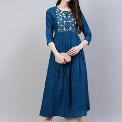 Stylum Women's Embroidered Rayon Flared Kurta (Noorteal)