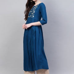 Stylum Women's Embroidered Rayon Flared Kurta (Noorteal)