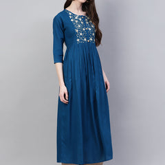 Stylum Women's Embroidered Rayon Flared Kurta (Noorteal)