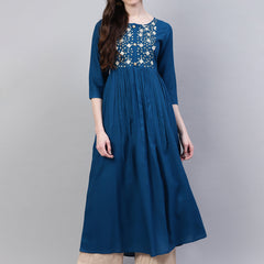 Stylum Women's Embroidered Rayon Flared Kurta (Noorteal)