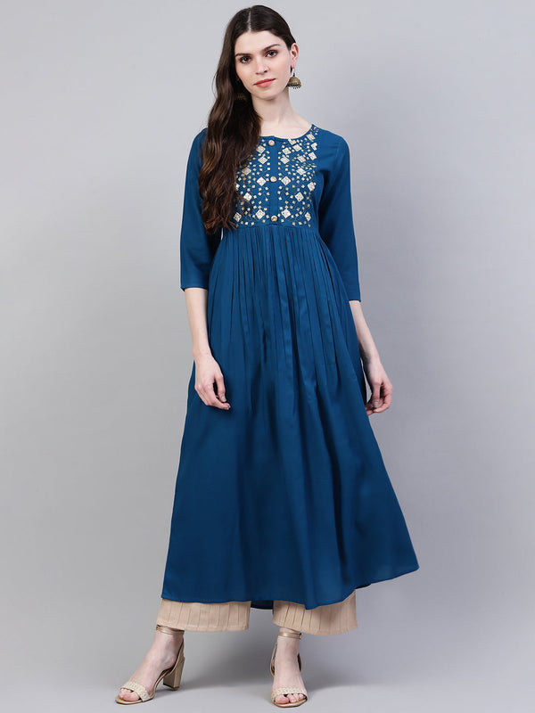 Stylum Women's Embroidered Rayon Flared Kurta (Noorteal)