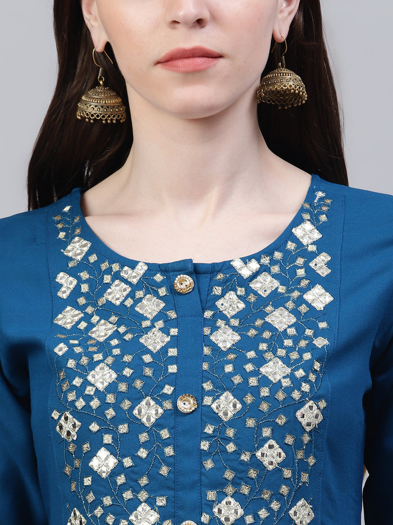 Stylum Women's Embroidered Rayon Flared Kurta (Noorteal)