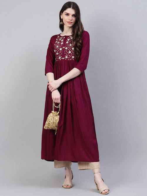 Stylum Women's Embroidered Rayon Flared Kurta (Noorwine)