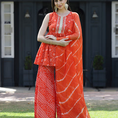 Stylum Women's Bandhej Printed Cotton Flared Short Kurta Sharara Dupatta Set (ORANGEAUDI)