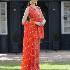 Stylum Women's Bandhej Printed Cotton Flared Short Kurta Sharara Dupatta Set (ORANGEAUDI)