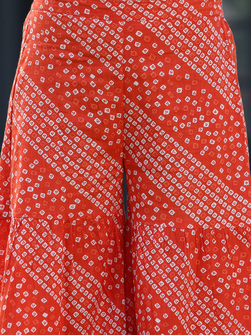 Stylum Women's Bandhej Printed Cotton Flared Short Kurta Sharara Dupatta Set (ORANGEAUDI)