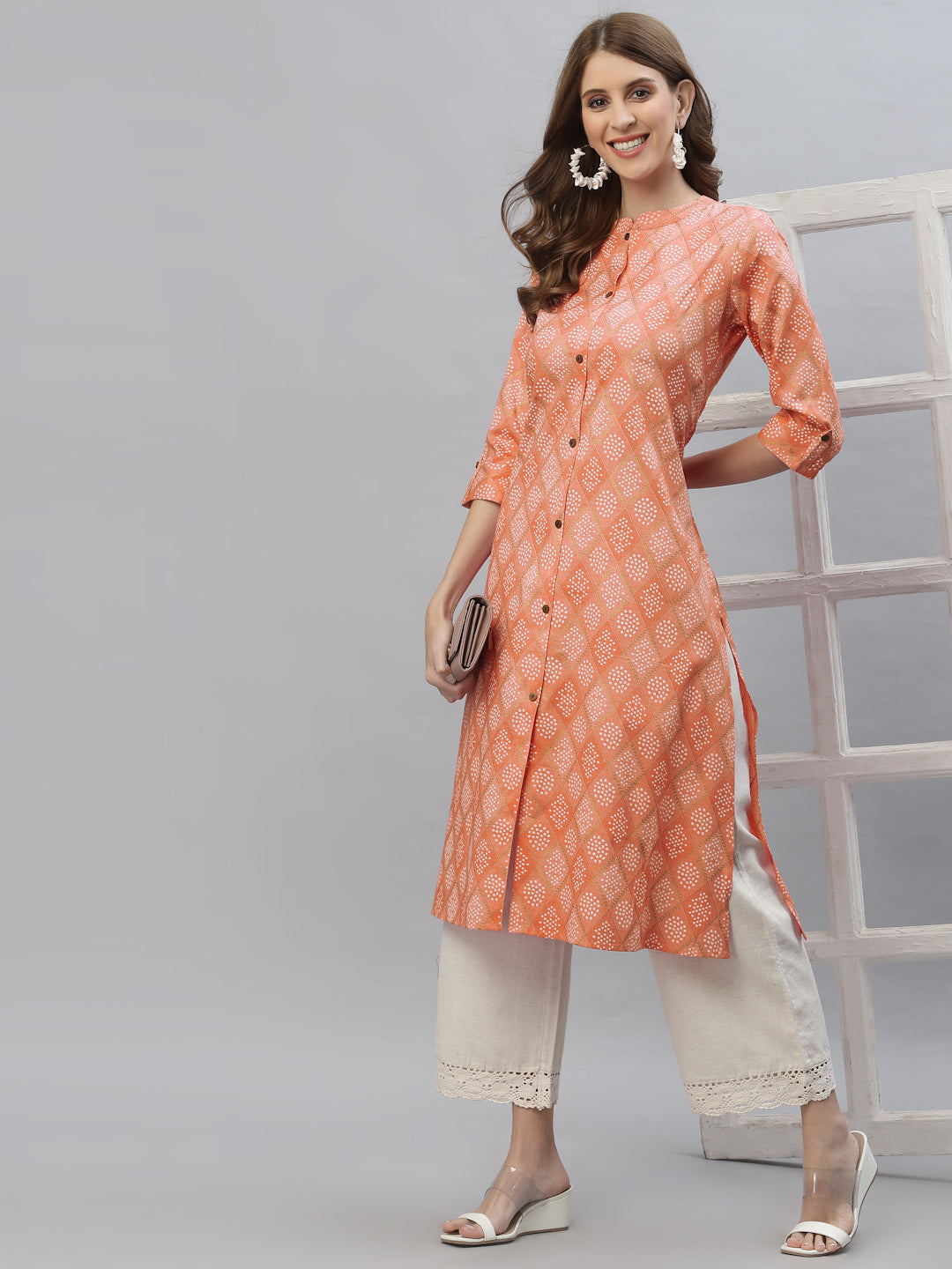 Stylum Women's Bandhani Printed Cotton Blend A-Line Kurta (ORANGEKESAR)