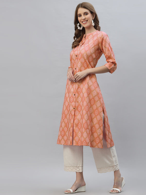 Stylum Women's Bandhani Printed Cotton Blend A-Line Kurta (ORANGEKESAR)