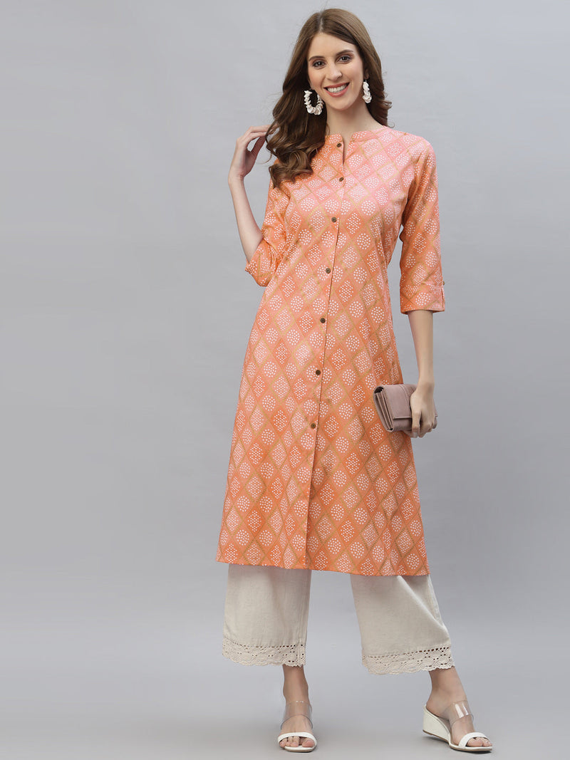 Stylum Women's Bandhani Printed Cotton Blend A-Line Kurta (ORANGEKESAR)