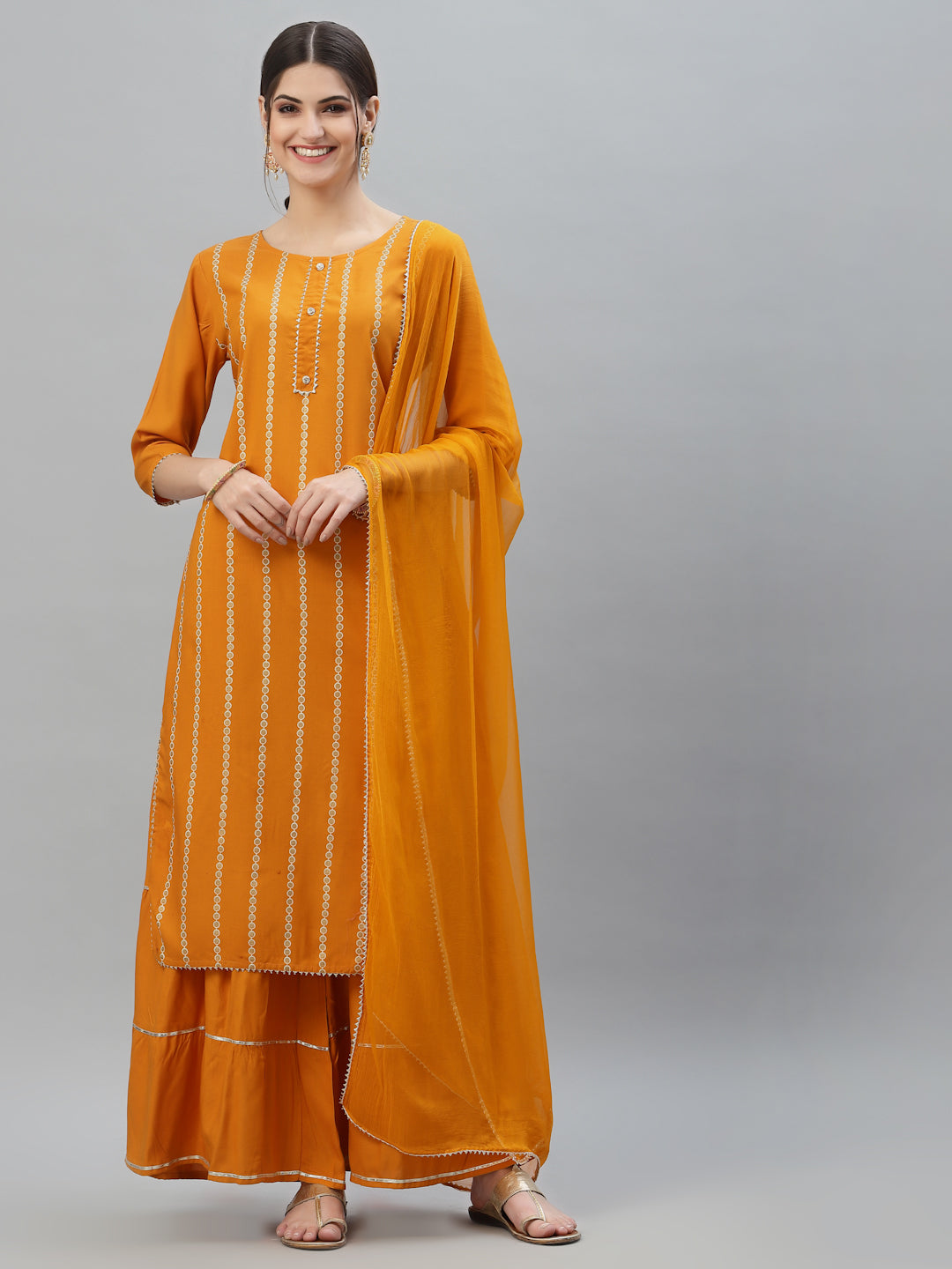 Stylum Women's Printed Rayon Straight Kurta Sharara Dupatta Set (ORANGESHARARASET)