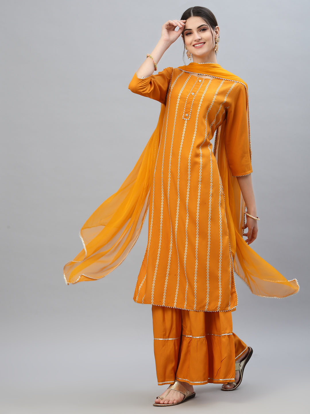 Stylum Women's Printed Rayon Straight Kurta Sharara Dupatta Set (ORANGESHARARASET)