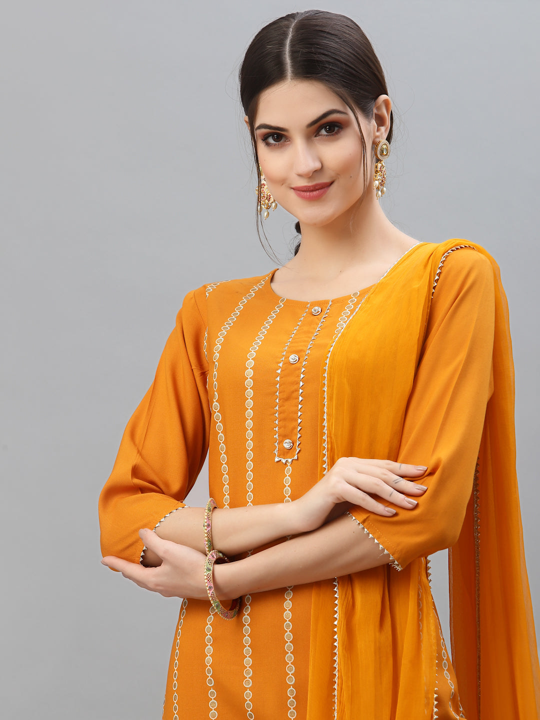 Stylum Women's Printed Rayon Straight Kurta Sharara Dupatta Set (ORANGESHARARASET)