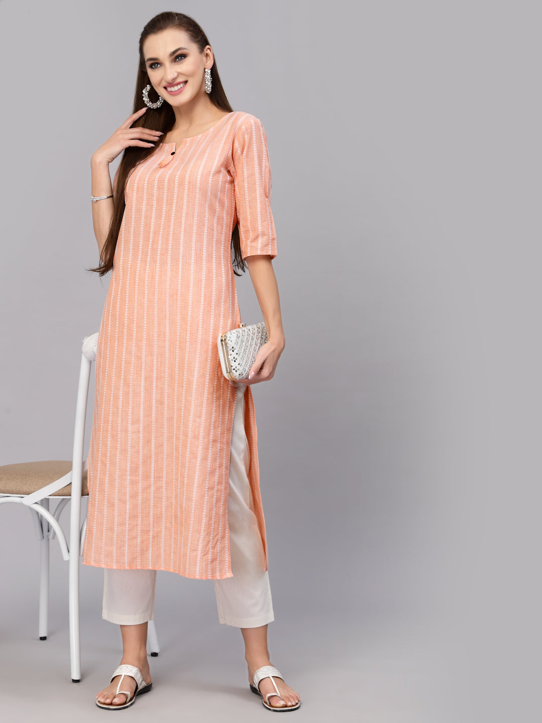 Striped Cotton Blend Straight Kurta 