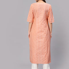 Stylum Women's Self Woven Striped Cotton Blend Straight Kurta (ORANGEYASHI)