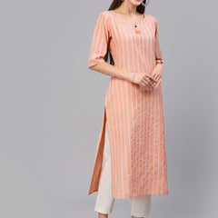 Stylum Women's Self Woven Striped Cotton Blend Straight Kurta (ORANGEYASHI)