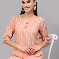 Stylum Women's Self Woven Striped Cotton Blend Straight Kurta (ORANGEYASHI)