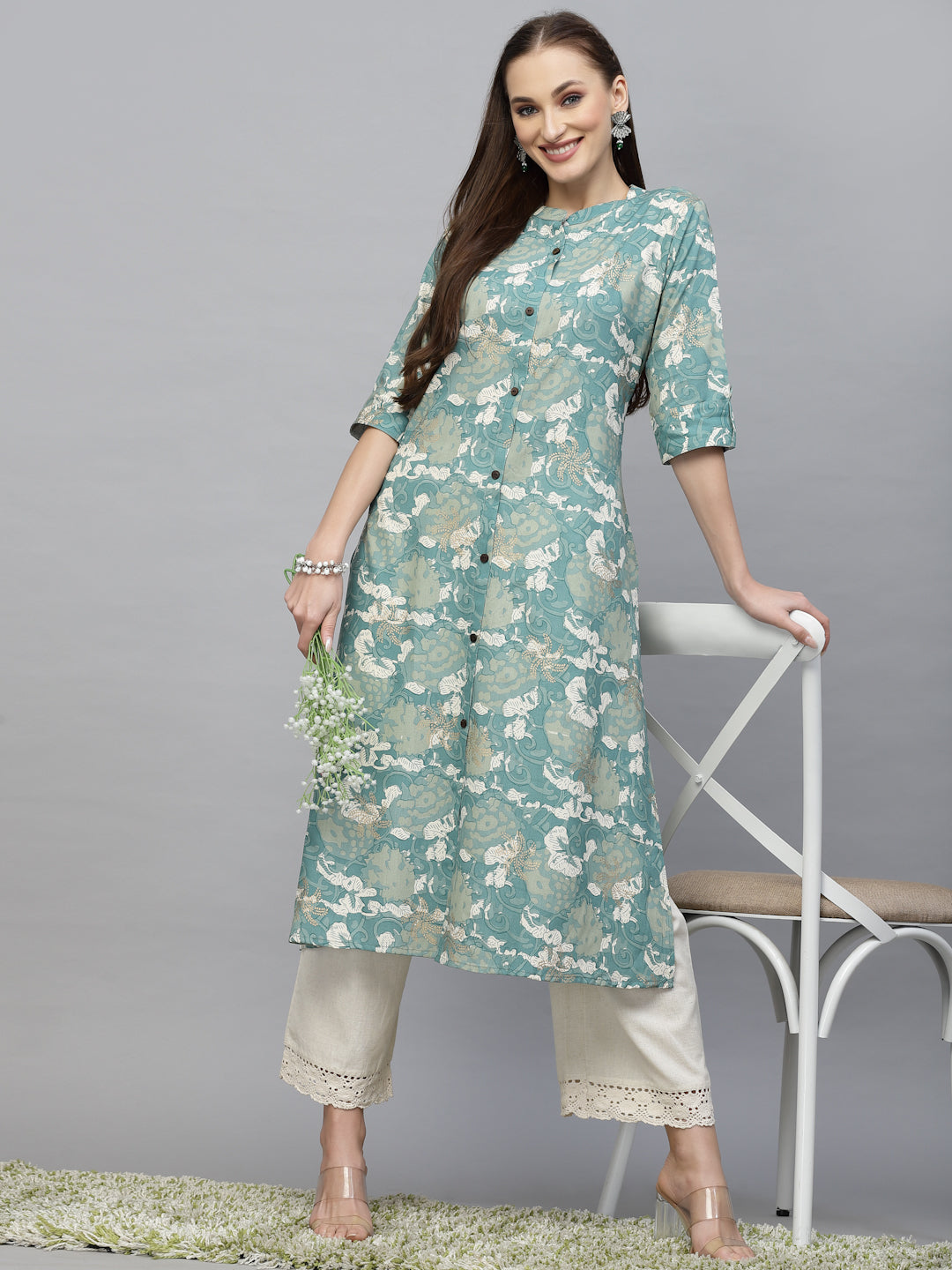 Stylum Women's Printed Rayon A-Line Kurta (PINESHARK)