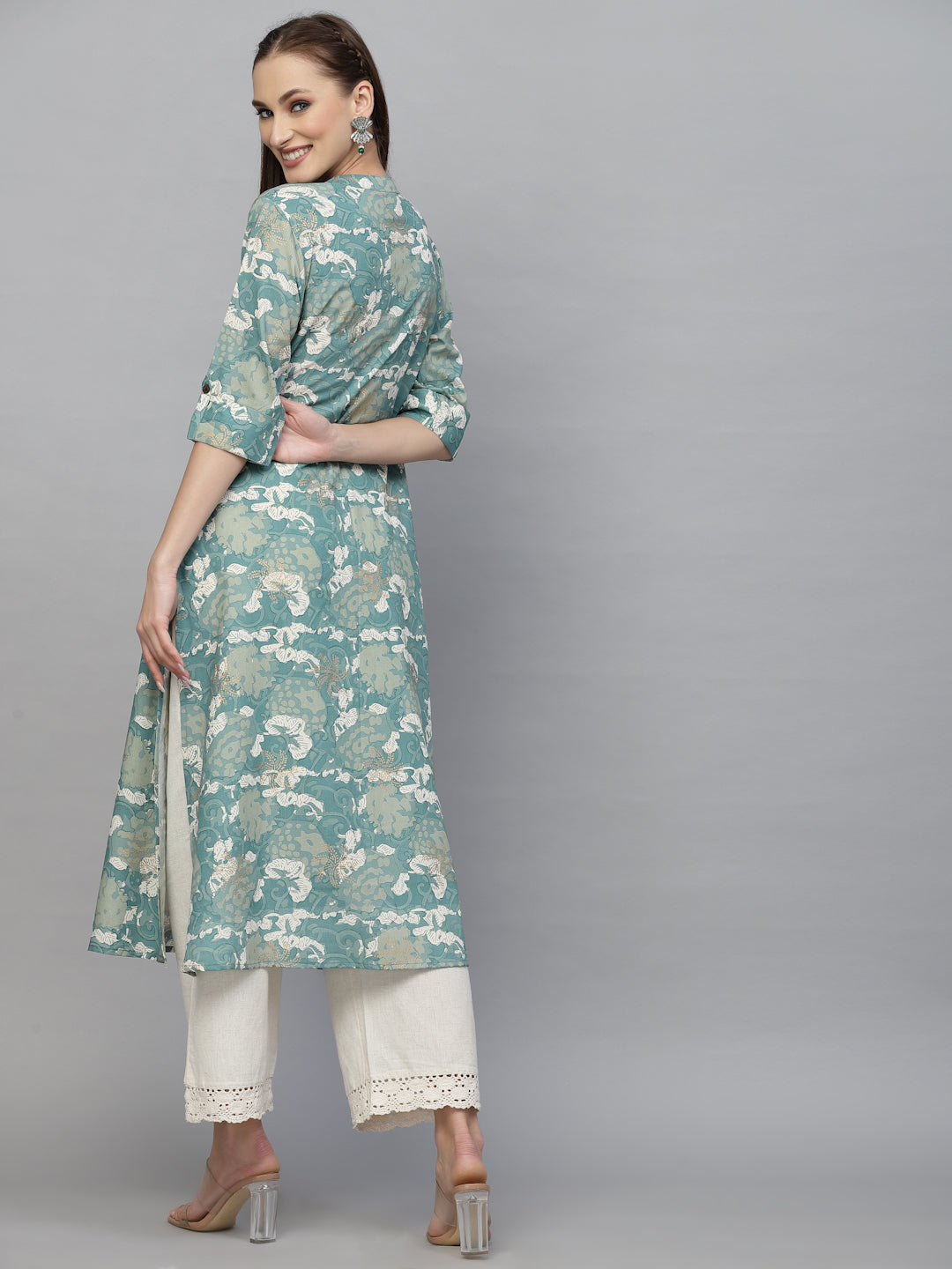 Stylum Women's Printed Rayon A-Line Kurta (PINESHARK)