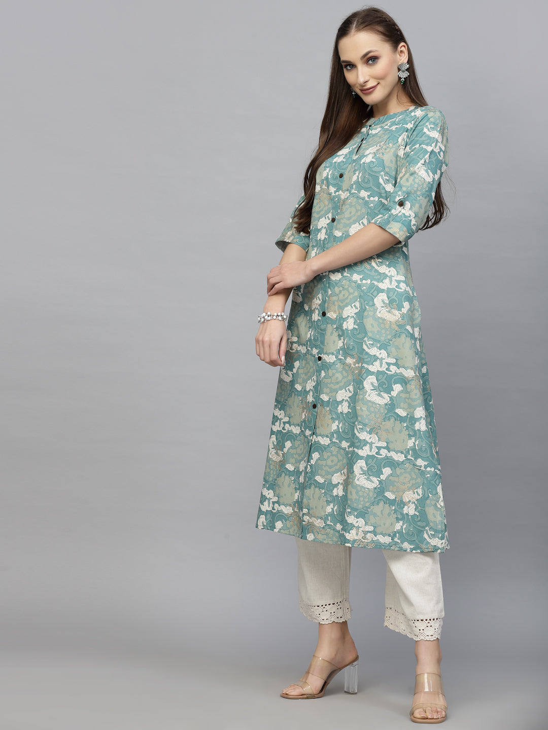 Stylum Women's Printed Rayon A-Line Kurta (PINESHARK)