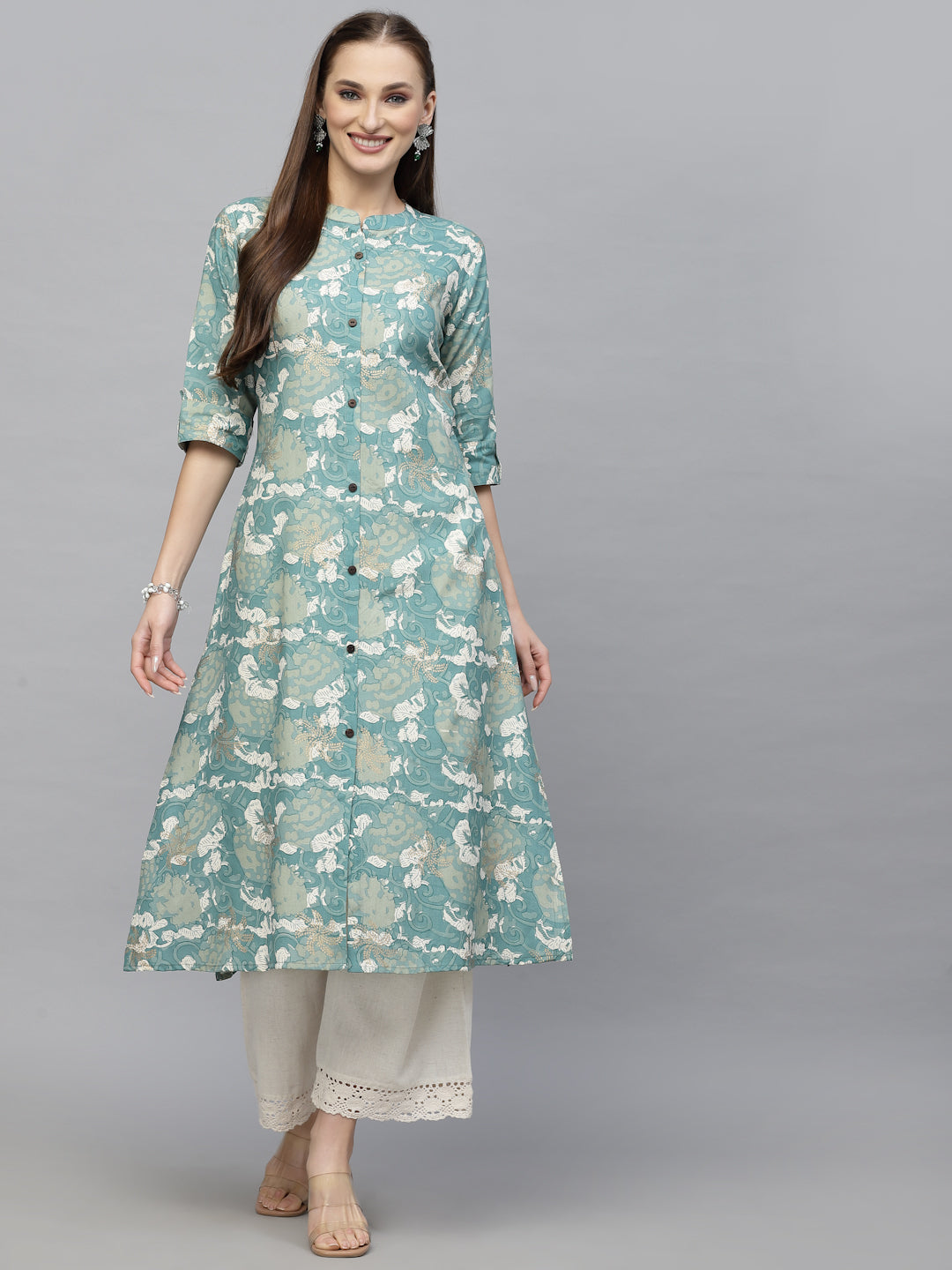 Stylum Women's Printed Rayon A-Line Kurta (PINESHARK)