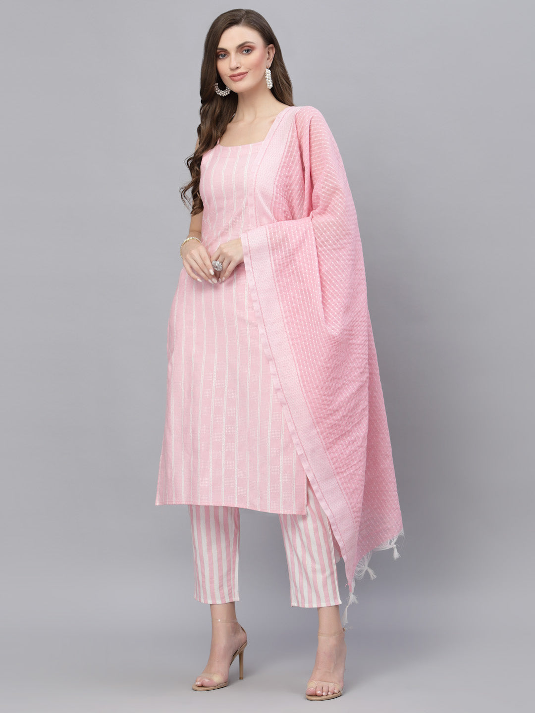 Stylum Women's Woven designed Cotton Blend Straight Kurta Pant Dupatta Set (PINKMELODY)