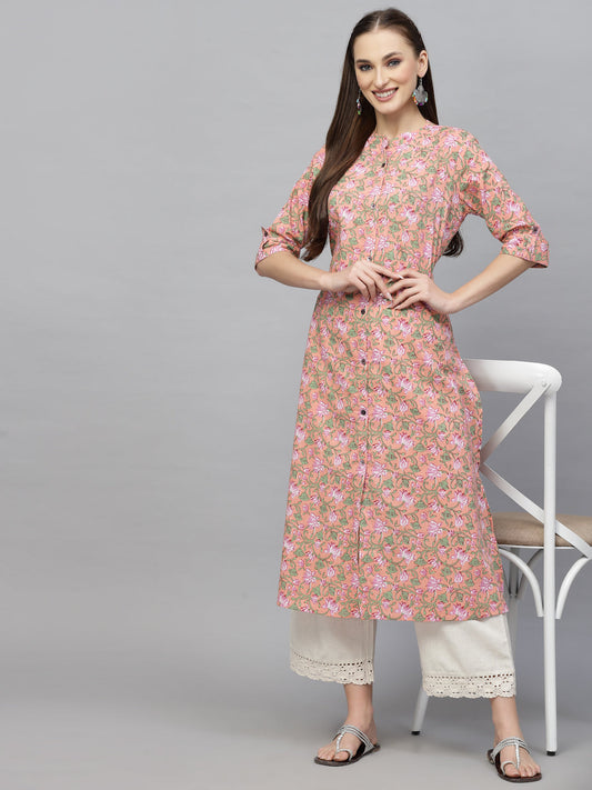 Stylum Women's Printed Cotton A-Line Kurta (PINKROSSY)