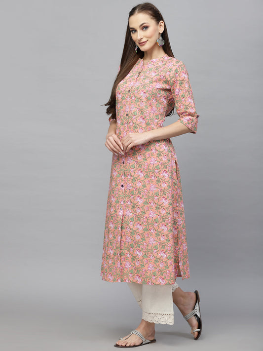 Stylum Women's Printed Cotton A-Line Kurta (PINKROSSY)