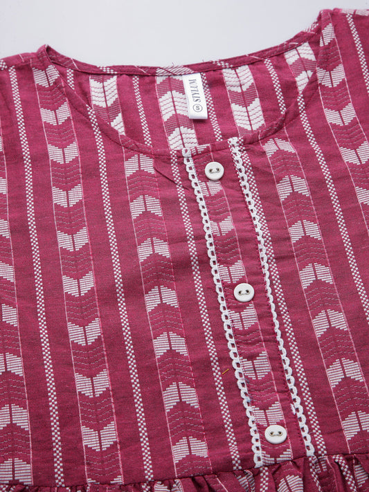 Stylum Women's Self Design Cotton Blend Maxi Dress  (POPPYWINE)