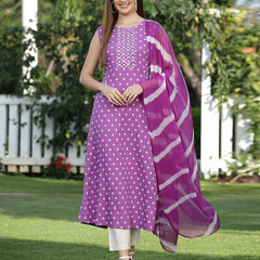 Stylum Women's Bandhej Printed A-Line Kurta with Dupatta (PURPLEKAWA)