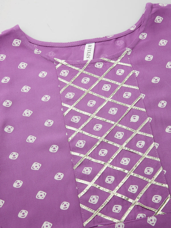 Stylum Women's Bandhej Printed A-Line Kurta with Dupatta (PURPLEKAWA)