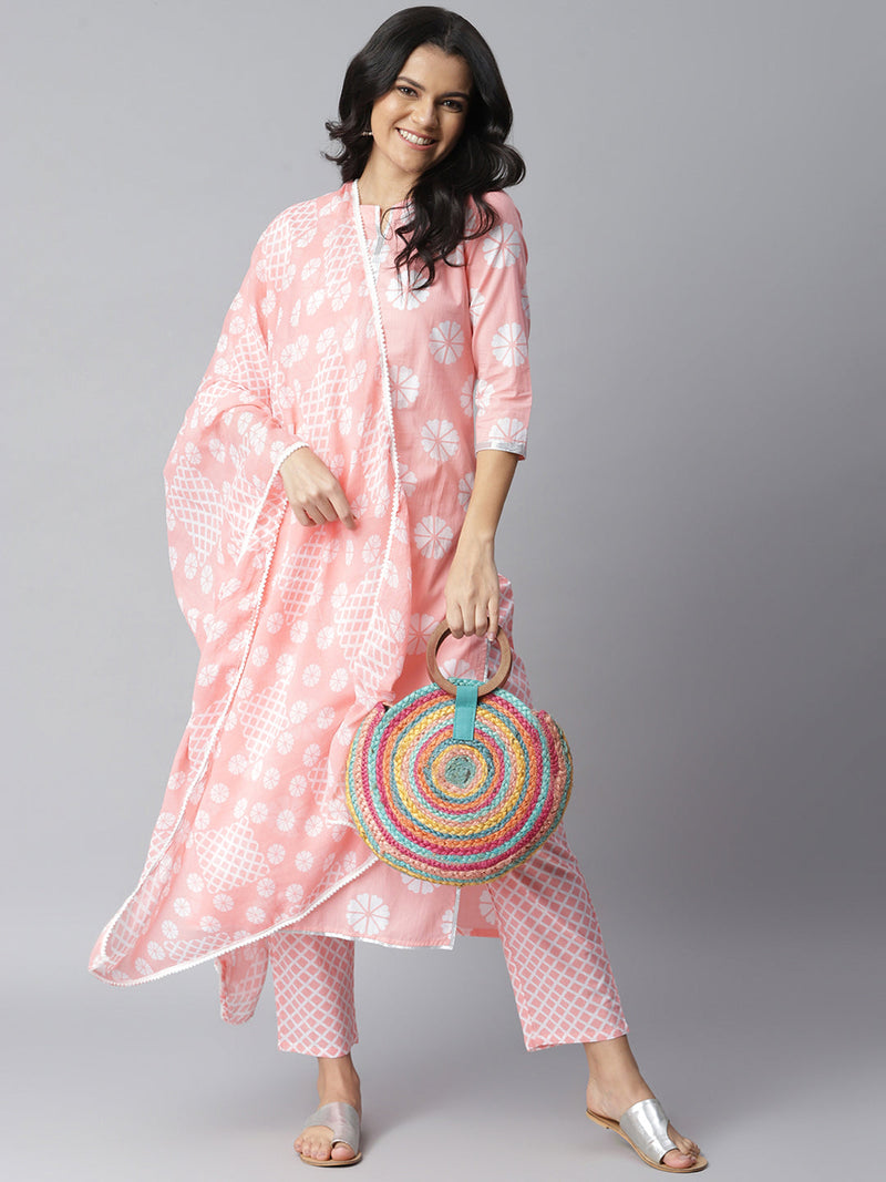 Stylum Women's Printed Cotton Straight Kurta Pant Dupatta Set (PinkChecksKpdSet)