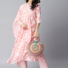 Stylum Women's Printed Cotton Straight Kurta Pant Dupatta Set (PinkChecksKpdSet)