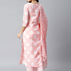 Stylum Women's Printed Cotton Straight Kurta Pant Dupatta Set (PinkChecksKpdSet)