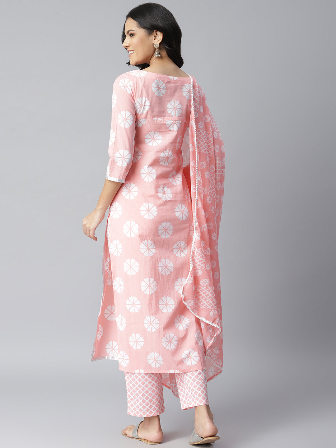 Stylum Women's Printed Cotton Straight Kurta Pant Dupatta Set (PinkChecksKpdSet)