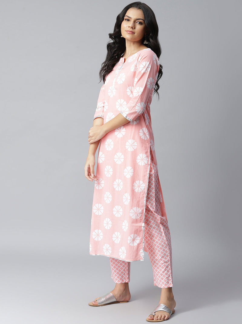 Stylum Women's Printed Cotton Straight Kurta Pant Dupatta Set (PinkChecksKpdSet)