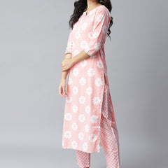 Stylum Women's Printed Cotton Straight Kurta Pant Dupatta Set (PinkChecksKpdSet)