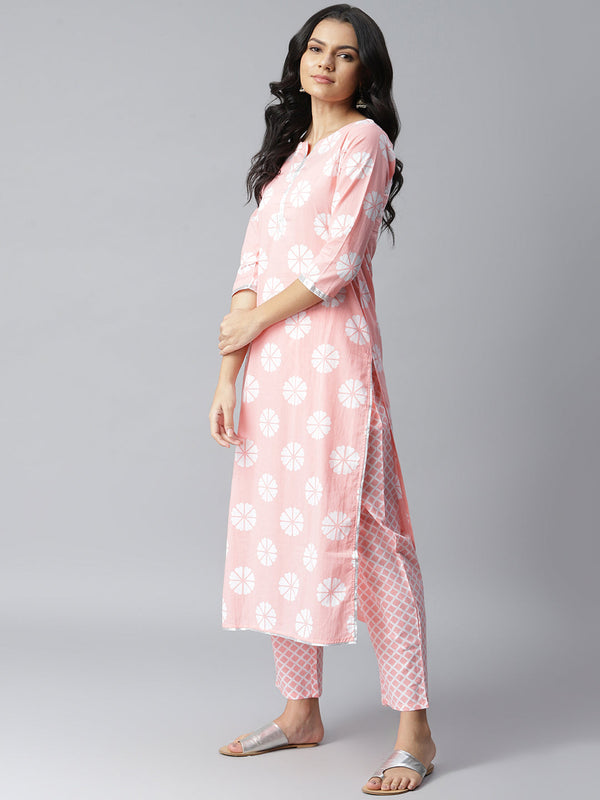 Stylum Women's Printed Cotton Straight Kurta Pant Dupatta Set (PinkChecksKpdSet)