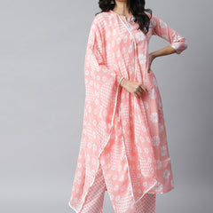 Stylum Women's Printed Cotton Straight Kurta Pant Dupatta Set (PinkChecksKpdSet)